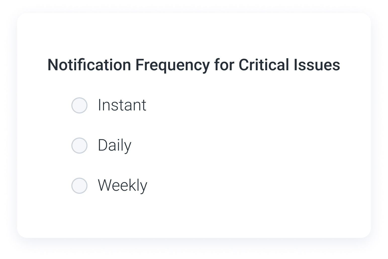 A screenshot displays the notification frequency settings for the Flowy monitor. The title 'Notification Frequency for Critical Issues' is shown at the top. There are three options: 'Instant', 'Daily', and 'Weekly', each accompanied by a radio button. None of the radio buttons are selected.